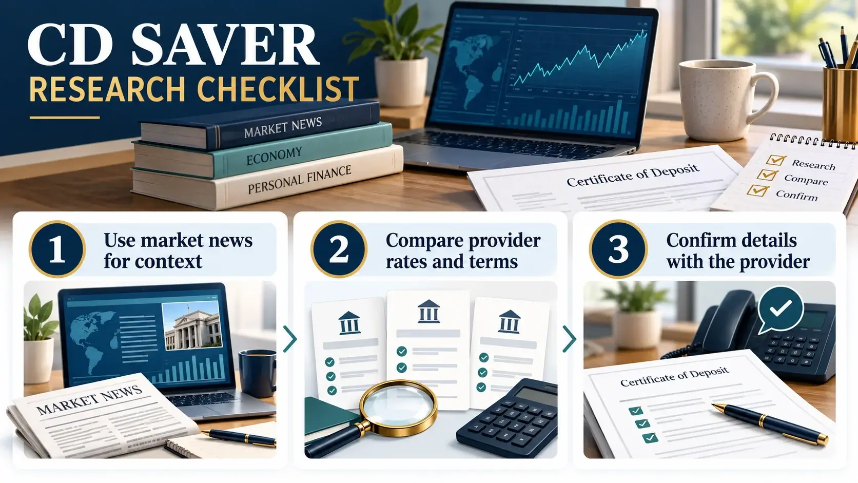 Three-step CD saver checklist for using market news as context, comparing provider rates and terms, and confirming details with the provider.